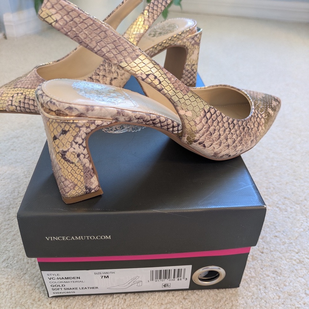 Vince Camuto Hamden Gold Snakeskin Women's Slingback Heels NWT